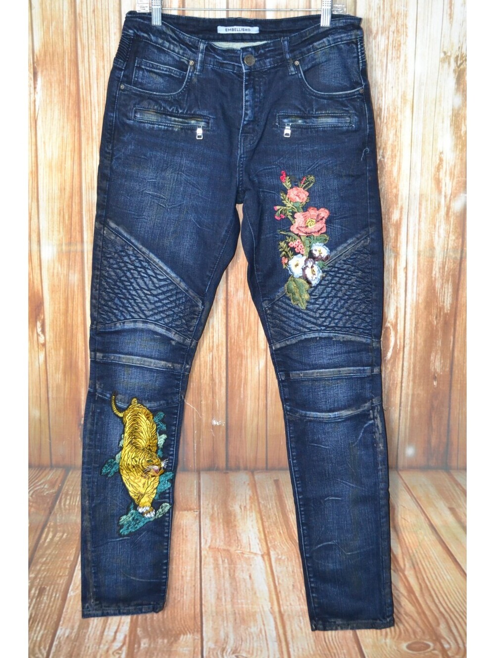 Embellish Mens Moto Style Tiger Flowers Hummingbird Paint Splatter Jeans Sz 32
